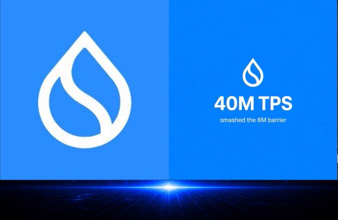 A blue promotional graphic featuring the Sui logo and text reading "40M TPS smashed the 6M barrier," celebrating a blockchain throughput milestone.