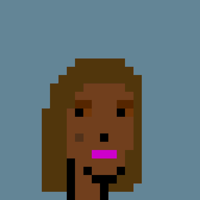 A pixelated portrait of a CryptoPunk character with dark brown skin, long brown hair, a mole under the eye, and pink lips is displayed against a light blue background, representing Punk #5917.