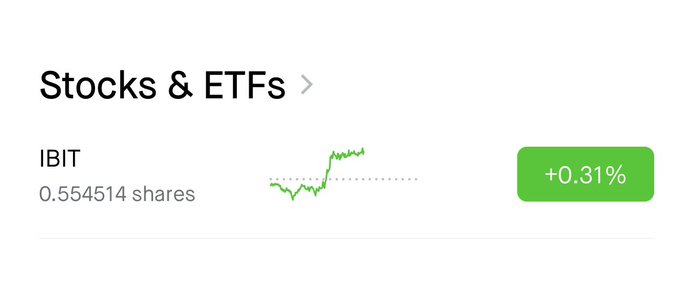 The image shows a Stocks & ETFs portfolio entry for IBIT, with 0.554514 shares and a +0.31% gain, representing the user's switch from holding Bitcoin directly to investing in the IBIT ETF as part of their strategic Bitcoin reserves.