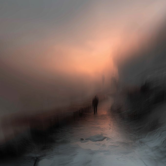 A lone figure walks down a misty, wet path toward a warm, glowing sunset, capturing the solitary, contemplative atmosphere of the NFT artwork that was sold.