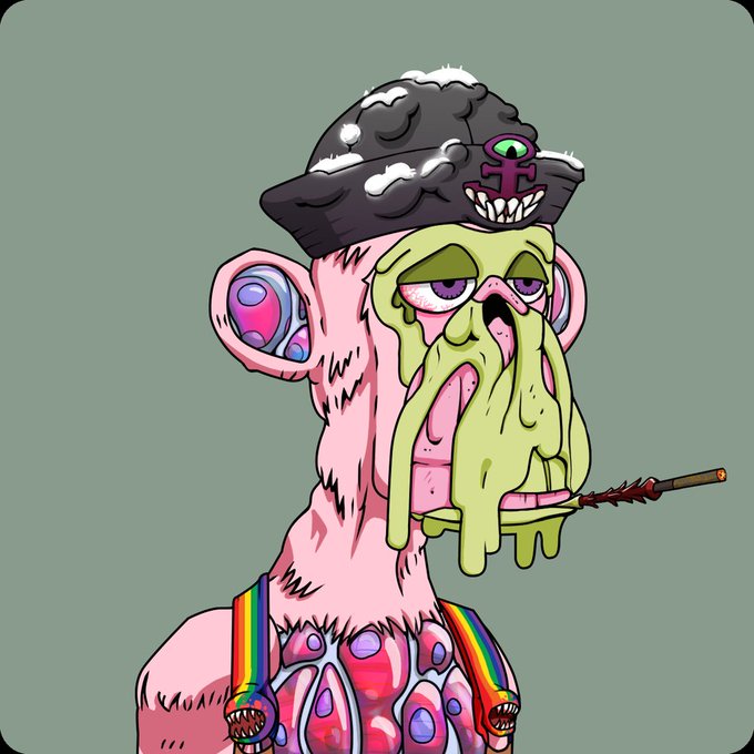 A grotesque cartoon illustration of a pink-skinned, bearded character with green slime dripping from his face, wearing a black cap with a Venus symbol and rainbow suspenders.