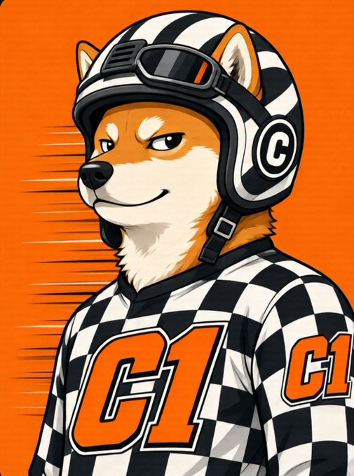 An anime-style illustration of a Shiba Inu dog wearing a checkered racing helmet and a matching jacket with the letters 'C1' in orange.