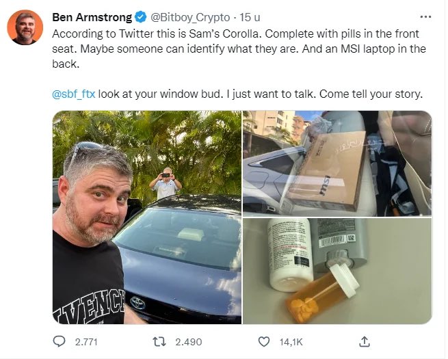 A screenshot of a tweet from Ben Armstrong (@Bitboy_Crypto) showing photos of a black Toyota Corolla, a brown package, and prescription pill bottles, with text mentioning "Sam's Corolla" and pills in the front seat. The tweet appears to be part of speculation about BitBoy Crypto's disappearance, with the accompanying context asking "Bring bitboy back - Where is he?" suggesting the photos may be clues about his whereabouts.