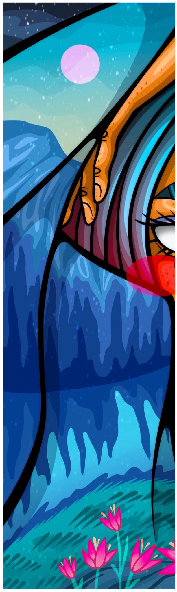 An abstract, stylized digital artwork composed of geometric shards showing a fragmented landscape with a pink moon, blue waves, orange flowing hair, an eye, red lips, and pink flowers at the bottom.