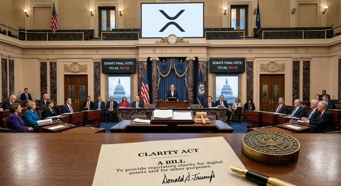 The U.S. Senate chamber is shown during the "Clarity Act" final vote, displaying tally boards reading "YES 66 NO 32," with the bill, President Trump's signature, and an "X" logo visible on the central screen, symbolizing XRP's anticipated regulatory clarity.