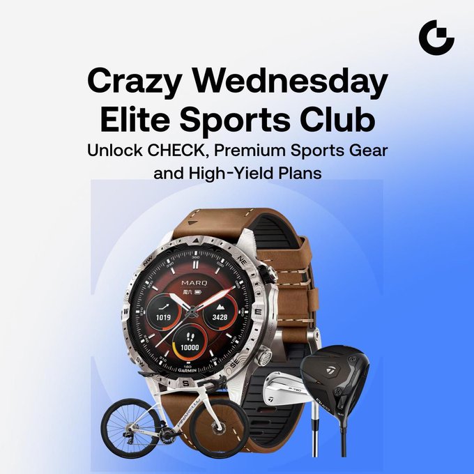 A promotional graphic titled "Crazy Wednesday Elite Sports Club" advertises unlocking CHECK tokens, premium sports gear, and high-yield plans, featuring a Garmin MARQ sports watch with "MARQ 1019 3428 10000" displayed on its face, alongside a Pinarello road bike and TaylorMade golf club.