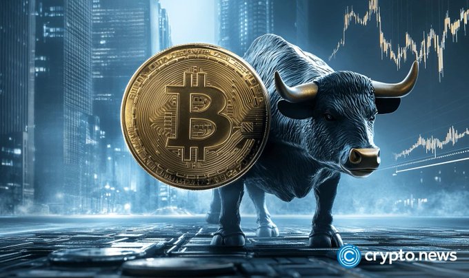 A digital illustration of a silver bull statue standing beside a large golden Bitcoin coin, with a stock market chart and city skyline in the background, watermarked 'crypto.news'.