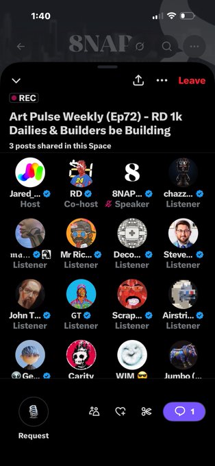 A mobile screenshot of an X (Twitter) Space recording titled 'Art Pulse Weekly (Ep72) - RD 1k Dailies & Builders be Building' hosted in the 8NAP space, showing 15 participants including Jared as Host, RD as Co-host, and 8NAP as Speaker.