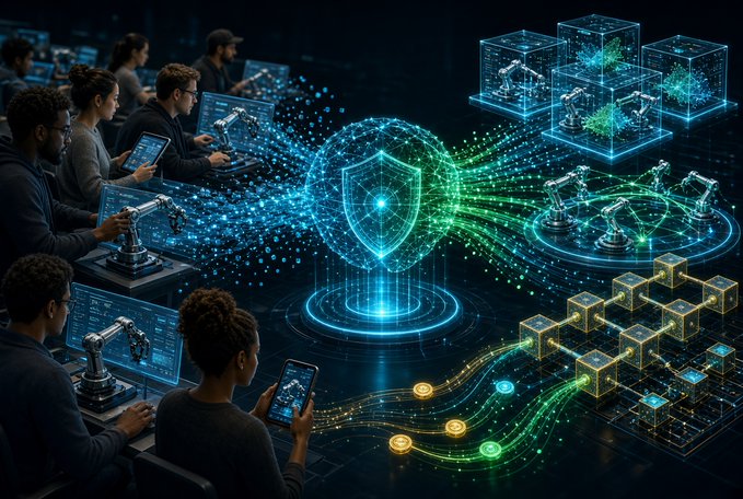 A diverse team of engineers works at computer stations and robotic arms while a glowing shield and floating cubes symbolize Axis Robotics' Proof-of-Human-Action system, which uses crowdsourced human input to train AI and produce institutional-grade, Sybil-resistant robotics data on the Base blockchain.

The image visually reinforces the post's narrative—showing real people manipulating robots to feed data into a secure, blockchain-verified pipeline that converts raw human action into trustworthy machine intelligence.