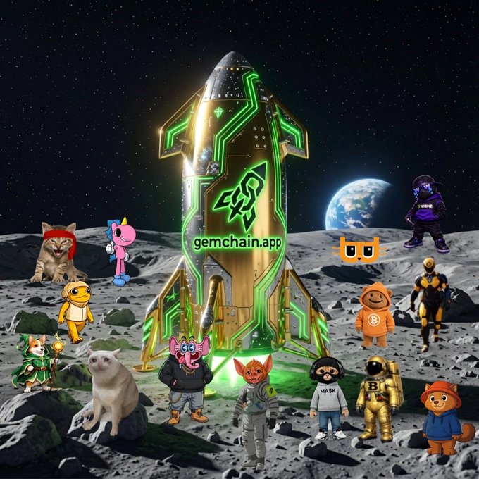 A digital collage on a lunar surface features a glowing gold and green rocket ship with the text 'gemchain.app', surrounded by various cartoon characters, animals, and a view of Earth in the background.