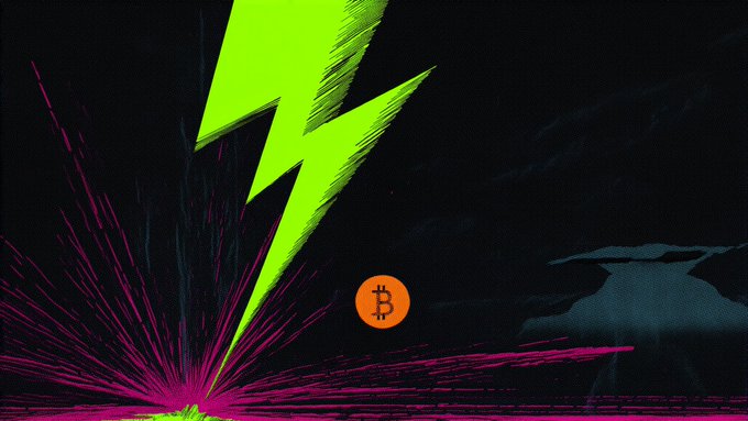 A stylized graphic illustration featuring a bright green lightning bolt striking downward against a black background with pink splash effects, alongside an orange Bitcoin (₿) logo.