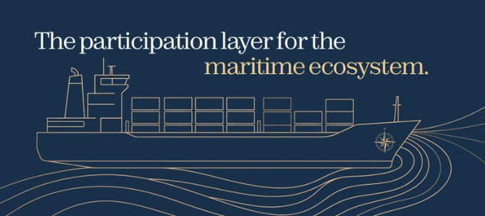 The image features a navy blue background with a gold line-drawn illustration of a cargo ship navigating stylized waves, accompanied by the tagline "The participation layer for the maritime ecosystem." This visual directly ties to the Ethra Ship Notes post's discussion of real-world data in shipping, using the maritime vessel as a visual representation of the tangible, trackable assets that generate on-chain evidence in the RWA space.