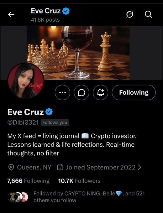 A screenshot of Eve Cruz's (@Dibi0321) verified X profile, featuring a chess board with a king, crown, and wine glass banner, listing 10.7K followers and noting she is a crypto investor based in Queens, NY. The image supports the post's shoutout, showcasing the profile of the featured XRP HODLer.
