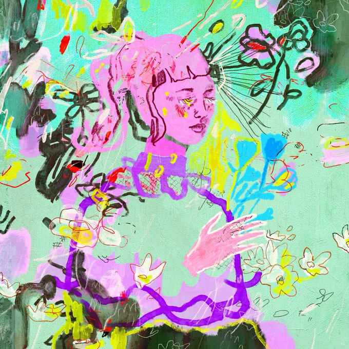 A vibrant, abstract mixed-media painting featuring a pink-toned figure surrounded by colorful flowers and chaotic brushstrokes in teal, yellow, and purple hues.