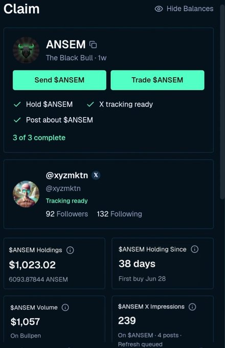 The image displays a social media tracking dashboard for the "$ANSEM" token, showing a profile for user "The Black Bull" (@xyzmktn) with 3 of 3 tasks completed and $1,023.02 in holdings accumulated over 38 days. The dashboard highlights key metrics including $1,057 trading volume on Bullpen and 239 X impressions from $ANSEM-related posts.