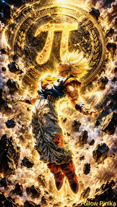 An AI-generated anime-style artwork of a Super Saiyan character surrounded by golden energy and a glowing pi (π) symbol, watermarked 'Follow Pimika'.