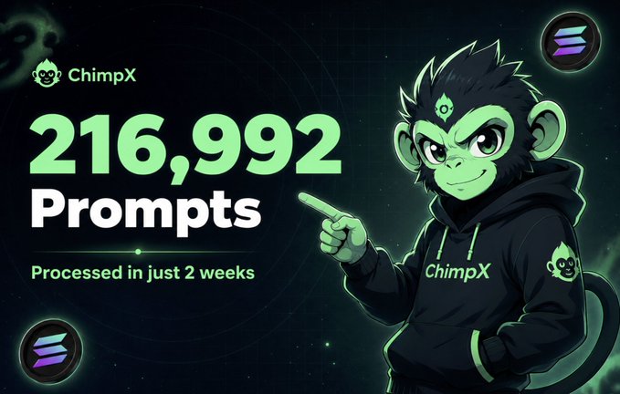 The image features a cartoon monkey wearing a hoodie with the number 216,922 printed on it. The monkey appears to be pointing at something, possibly an event or promotion related to cryptocurrency. In the background of the image, there are three circles, each containing a different symbol that could represent a specific cryptocurrency or token. The text in the image suggests that the monkey is promoting a cryptocurrency exchange called @ChimpxAI and mentions that it has processed 216,922 prompts within 14 days.