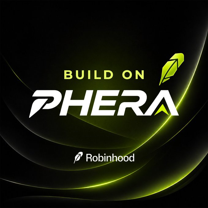 A promotional graphic with green glowing accents on a black background features the bold text "BUILD ON PHERA" alongside a feather/quill logo, with the Robinhood logo and name displayed below. The imagery supports the announcement of a native DEX being built on the Robinhood Chain for the $PHERA token.