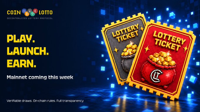 CoinLotto promotional graphic featuring the tagline "PLAY. LAUNCH. EARN." with "Mainnet coming this week" and "Verifiable draws. On-chain rules. Full transparency," alongside two illustrated "LOTTERY TICKET" cards—one red with a pot of gold coins—set against a blue digital cube background. The image visually reinforces the post's message of bringing provably fair, blockchain-based lottery draws onchain with Chainlink verification.