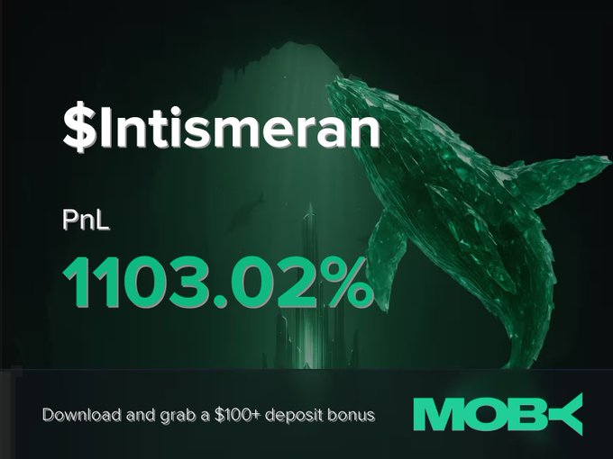 A promotional Moby app graphic showcasing a whale alongside the "$Intismeran" ticker and a bold "PnL 1103.02%" stat, with a banner encouraging users to download and claim a $100+ deposit bonus. The visual emphasizes the post's win alert by highlighting the trader's exceptional +1103.02% return as a headline number above the green-themed aquatic design.