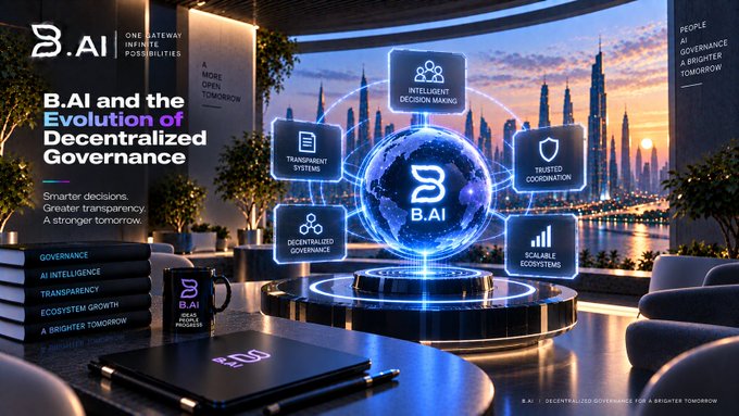 A futuristic promotional image for 'B.AI' titled 'B.AI and the Evolution of Decentralized Governance', featuring a holographic globe surrounded by feature icons like 'Intelligent Decision Making' and 'Transparent Systems' against a city skyline backdrop.