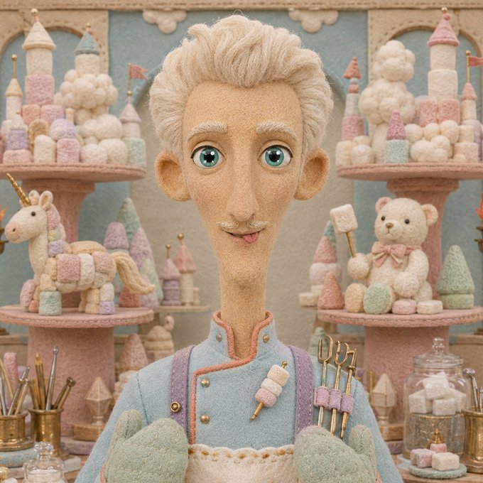 A whimsical stop-motion style image showing a felt-textured pastry chef with blonde hair and big blue eyes in a candy castle setting, surrounded by marshmallow towers, a teddy bear, and a unicorn made of sweets. The dreamy, sugary aesthetic of the chef's pastry studio aligns with the giveaway post's "Bramble & Birch" whimsical theme, likely tying the artistic style to the FCFS chair drop promotion.