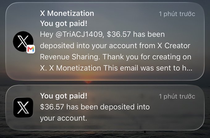 Two iPhone notification banners showing payment notifications - the top from 'X Monetization' and bottom showing '$36.57 has been deposited into your account,' both timestamped '1 phút trước' (1 minute ago).