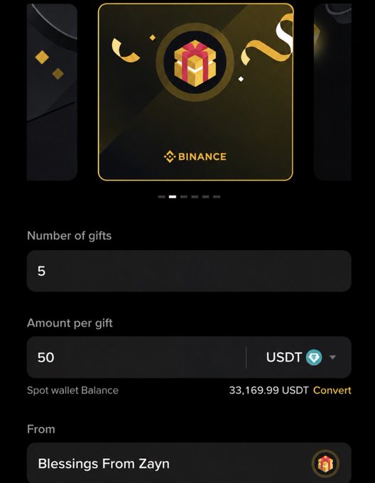 The image shows a Binance gift configuration page set to send 5 gifts of 50 USDT each from a "Blessings From Zayn" wallet, with a spot wallet balance of 33,169.99 USDT. This appears to be a legitimate Binance interface used as part of a fake "Giveaway" post, likely to lend false credibility to a scam promising $50 USDT/SOL prizes to social media engagement participants.