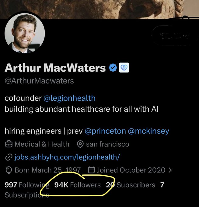 A screenshot of Arthur MacWaters' Twitter/X profile highlights his follower count of 94K, with a yellow circle drawn around it. This connects to his post celebrating the milestone of reaching 94,000 followers out of a 420,690 target.