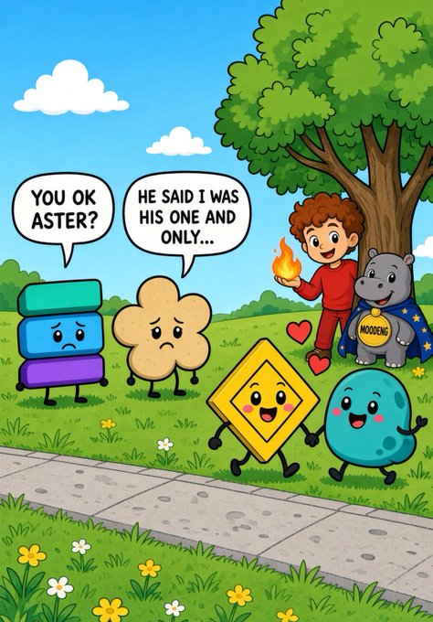 A cartoon illustration featuring anthropomorphic characters including a sad blue block, a worried beige flower-like creature, a happy yellow diamond, and a boy holding fire next to a 'MOOOOONG' rock creature, with dialogue bubbles reading 'YOU OK ASTER?' and 'HE SAID I WAS HIS ONE AND ONLY...'