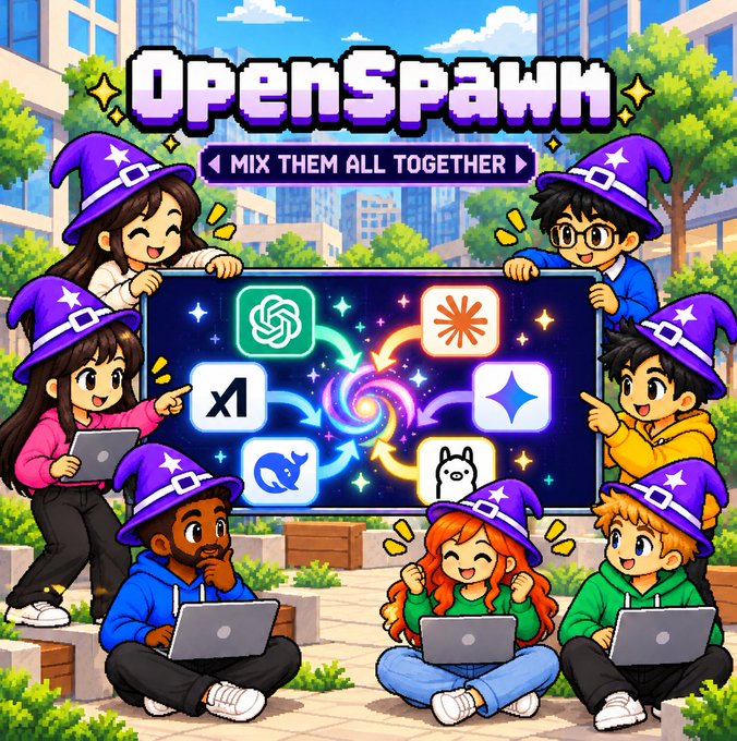 A colorful anime-style illustration titled 'OpenSpawn - Mix Them All Together' showing cartoon characters in purple wizard hats gathered around a board displaying logos of AI platforms including ChatGPT, Claude, xAI, and others.