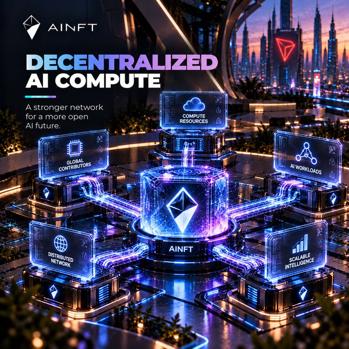 Promotional graphic for 'AINFT' advertising 'DECENTRALIZED AI COMPUTE' with futuristic city imagery and icons representing various network features.