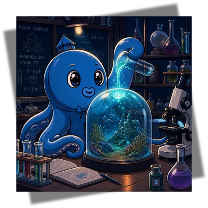 A whimsical digital illustration of a smiling blue octopus wearing a small house on its head, pouring blue liquid from a flask into a glass dome containing an underwater castle scene, with a chalkboard reading 'AQUA DOMUS' and 'HYDROFLUIDIC STABILITY' in the background.