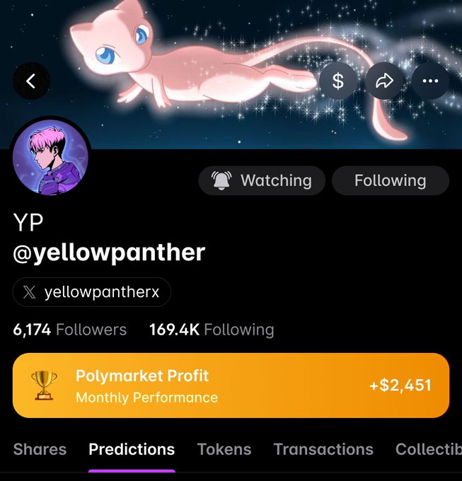 A social media profile page for 'YP' (@yellowpanther) with 6,174 followers and 169.4K following, showing a pink Mew Pokemon banner and a 'Polymarket Profit Monthly Performance' of +$2,451.