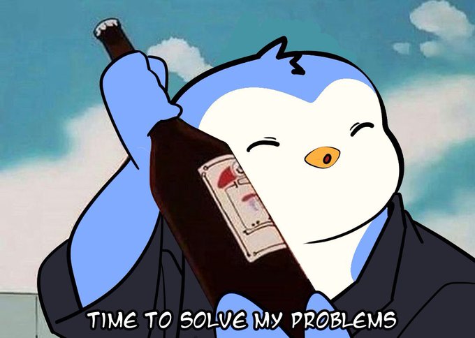 A penguin cartoon character from The Looney Tunes Show hugging a bottle of wine, captioned "TIME TO SOLVE MY PROBLEMS."