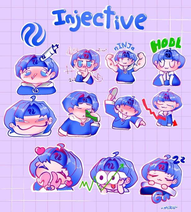 A digital art sticker sheet titled 'Injective' featuring a cute blue-haired chibi character in various poses labeled with crypto terms like 'NINJA,' 'MOON,' and 'HODL,' signed by the artist 'mitu.'