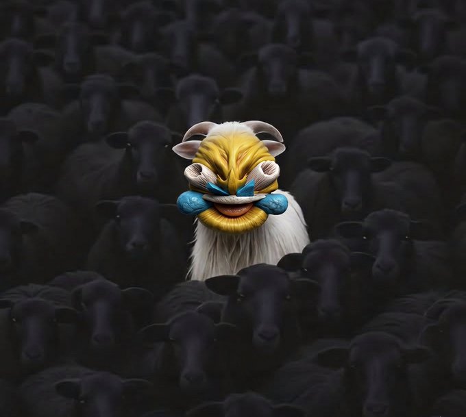 A striking image of a fierce yellow and white llama-like creature standing out against a massive flock of identical dark/black sheep surrounding it.