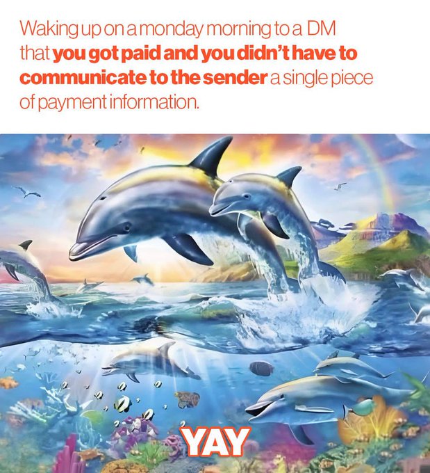 The image features vibrant leaping dolphins amid a tropical sunset scene, with the word "YAY" at the bottom and a caption reading "Waking up on a monday morning to a DM that you got paid and you didn't have to communicate to the sender a single piece of payment information." The joyful dolphin imagery and celebratory "YAY" text reinforce the post's message about how seamless, frictionless payments will feel like a delightful, no-effort experience.
