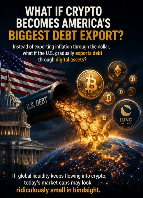 A promotional image asking "What if crypto becomes America's biggest debt export?" showing U.S. debt pouring from a cannon alongside Bitcoin, Ethereum, and LUNC tokens, with text suggesting digital assets could become a major debt export tool.