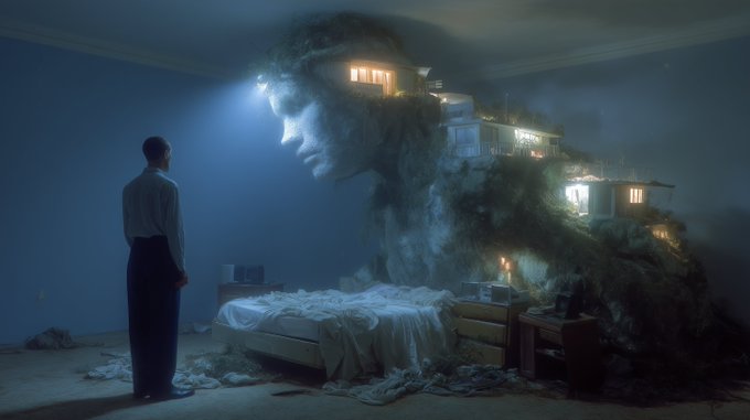 A surreal, dark digital artwork depicting a man standing in a bedroom looking at a ghostly, illuminated house and face structure merging into the wall.