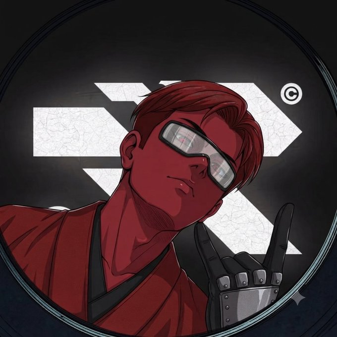 A red-toned illustrated character wearing sunglasses and a studded glove points upward against a backdrop featuring a stylized "X" logo with a copyright symbol, fitting the announcement of a Project R3D x Momo collaboration.