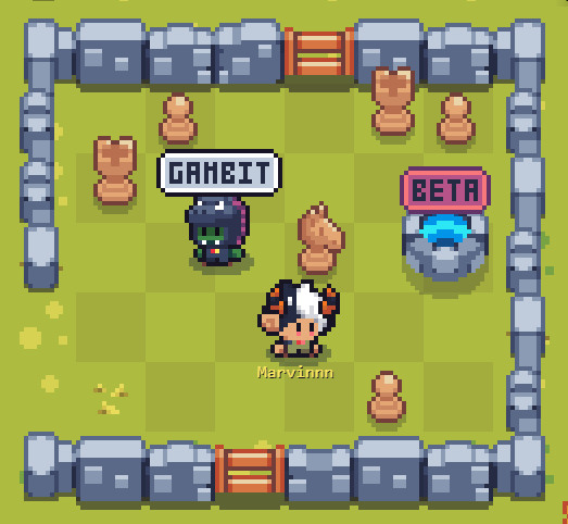 A pixel-art game scene shows a small character labeled "Marylinnn" surrounded by tan creatures in a walled grassy arena, with name tags reading "GAMBIT" and "BETA" near two pets. The image relates to the post as a new in-game encounter or NPC interaction discovered in the Sunflower Land/Yakkamon game world.