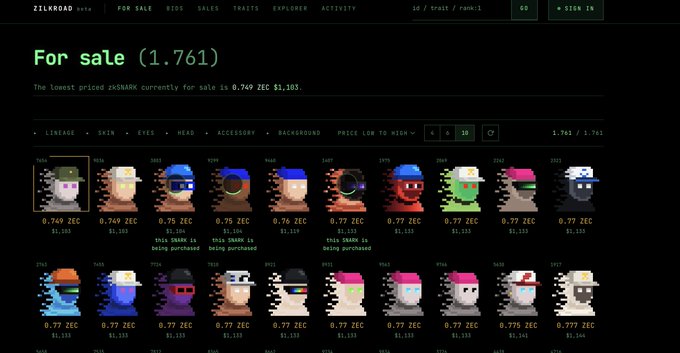 A screenshot of the ZILKROAD NFT marketplace 'For sale' page displaying 1,761 zkSHARD pixel art characters with their prices listed in ZEC, with the lowest priced item being 0.749 ZEC.