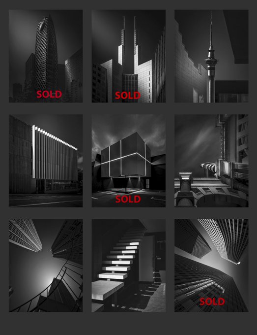 A grid of nine black-and-white architectural photographs with four marked "SOLD" in red text, promoting five remaining 1/1 NFTs from "The Duality of Light and Darkness" collection priced at 0.11 ETH.