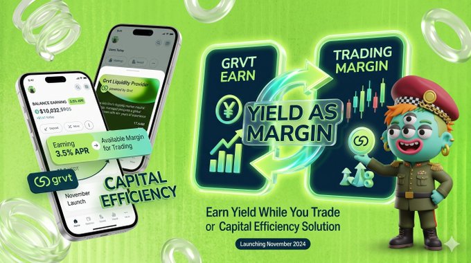 A bright green promotional graphic for GRVT highlights “EARN YIELD AS MARGIN,” “TRADING MARGIN,” “CAPITAL EFFICIENCY,” and “Launching November 2024,” alongside phones and a cartoon character.