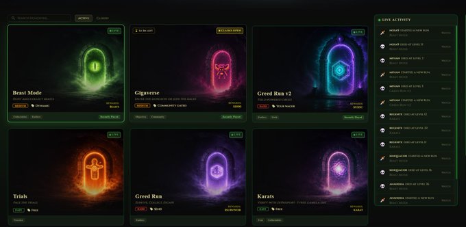 A dark-themed NFT marketplace interface displaying digital collectibles including 'Beast Mode', 'Gigaverse', 'Greed Run v2', 'Trials', 'Greed Run', and 'Karats' with various pricing tiers and a live activity feed on the right.