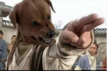 The image features a brown dog wearing a mask, with its mouth open as if growling or barking. The dog's face is partially obscured by the mask, making it difficult to see its eyes. In the background, there are people present who appear to be watching the scene unfold. The caption of the image reads "eth is stable coin” and includes a reference to Bitcoin, which has been used as an example in the post.