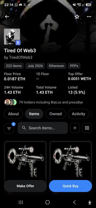 A mobile app screenshot showing an NFT collection called "Tired Of Web3" on Ethereum, displaying items, a floor price of 0.0187 ETH, and 79 holders.