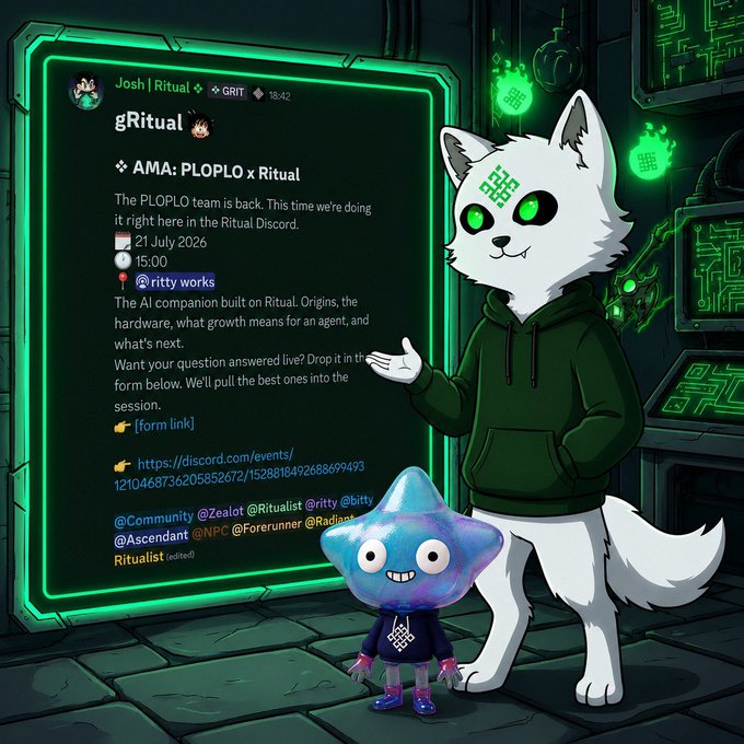 An illustrated Discord-style promotional graphic featuring a white wolf mascot in a green hoodie and a star-shaped blue character, advertising a 'gRitual' AMA with PLOPLO x Ritual scheduled for 21 July 2026 at 15:00.