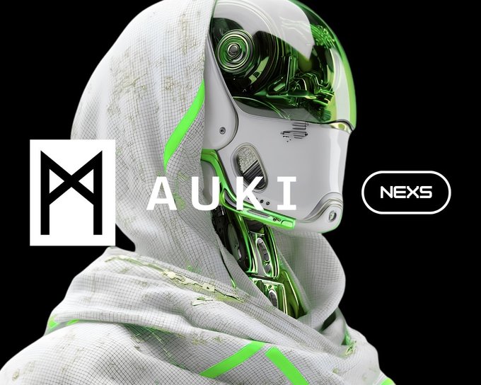 A promotional graphic featuring a futuristic white and green robotic head profile with the logos and text 'AUKI' and 'NEXS' against a black background.